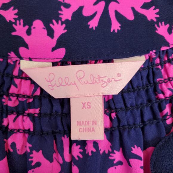 Lilly Pulitzer Silk Janelle Top in Get Hoppy XS Navy Blue Blouse Pink Print Twee - Picture 5 of 9
